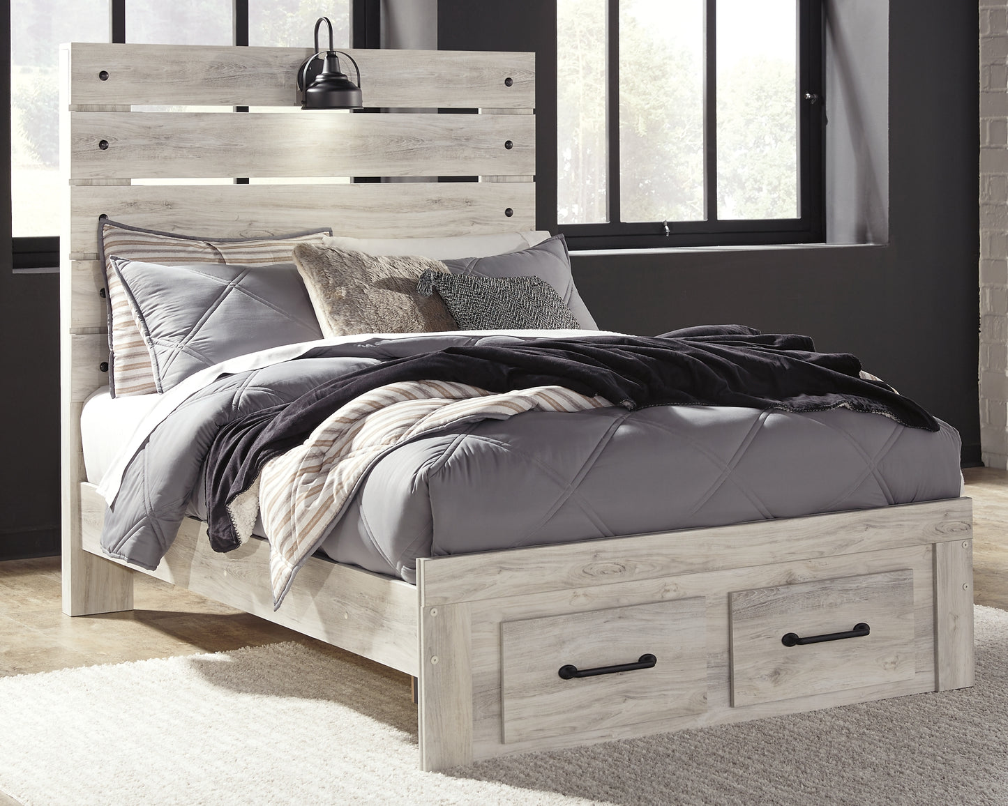 Cambeck  Panel Bed With 2 Storage Drawers With Mirrored Dresser And Chest