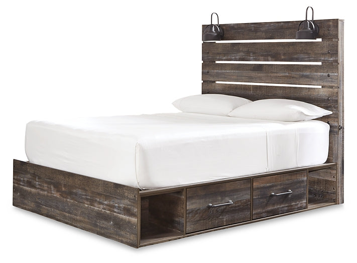 Drystan Queen Panel Bed with 4 Storage Drawers with Mirrored Dresser, Chest and Nightstand